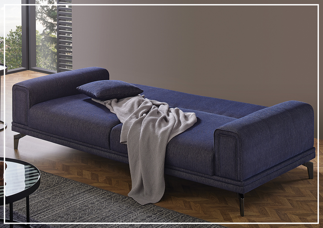 Enza Home Pavia 3-Seater Navy Blue Fabric Sofa Bed With Track Arm