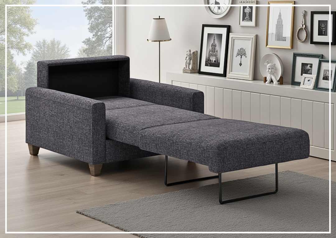 Luonto Nico Fabric Sleeper Chair Sofa With Nest Mechanism and Walnut or Chrome Leg option