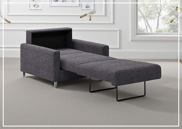 Luonto Nico Fabric Sleeper Chair Sofa With Nest Mechanism and Walnut or Chrome Leg option