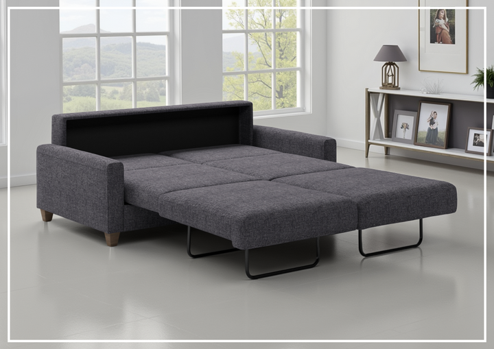 Luonto Nico Fabric Queen Sleeper Sofa With Nest Function and Walnut or Chrome Leg Finish