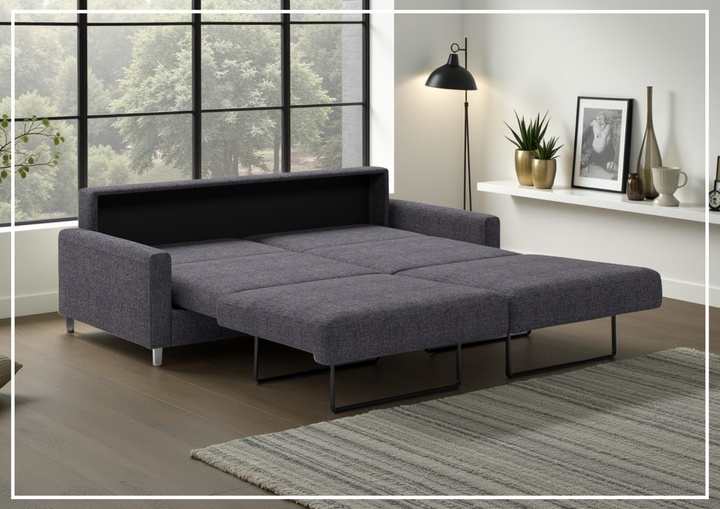 Luonto Nico Fabric King Sleeper Sofa With Nest Mechanism and chrome or wood legs
