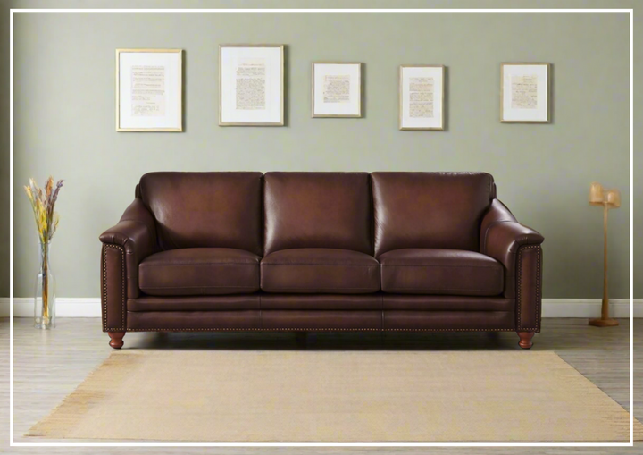 Hydeline Belfast Brown Premium Leather 3-Seater Sofa with Nailhead Trim