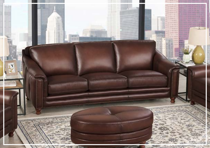 Hydeline Belfast Brown Premium Leather 3-Seater Sofa with Nailhead Trim