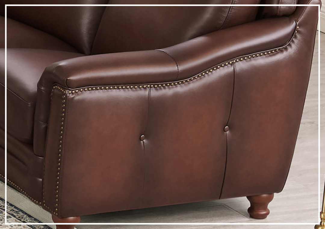 Hydeline Belfast Brown Premium Leather Loveseat with Nailhead Trim
