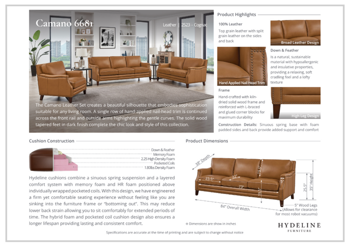Hydeline Camano Brown Premium Leather 3-Seater Sofa