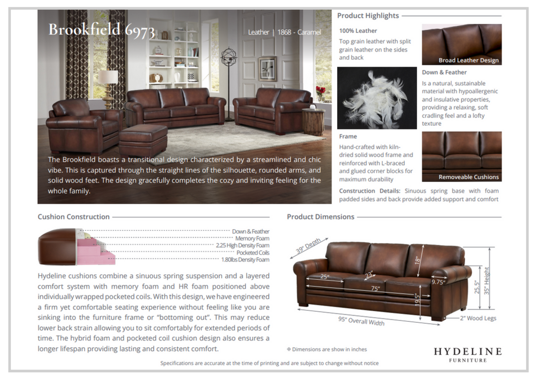Hydeline Brookfield Brown Top-Grain Leather 3-Seater Sofa