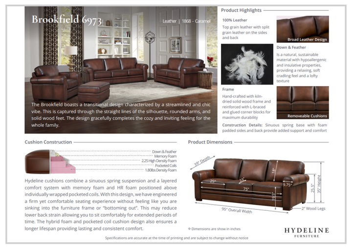Hydeline Brookfield Brown Top-Grain Leather 3-Seater Sofa