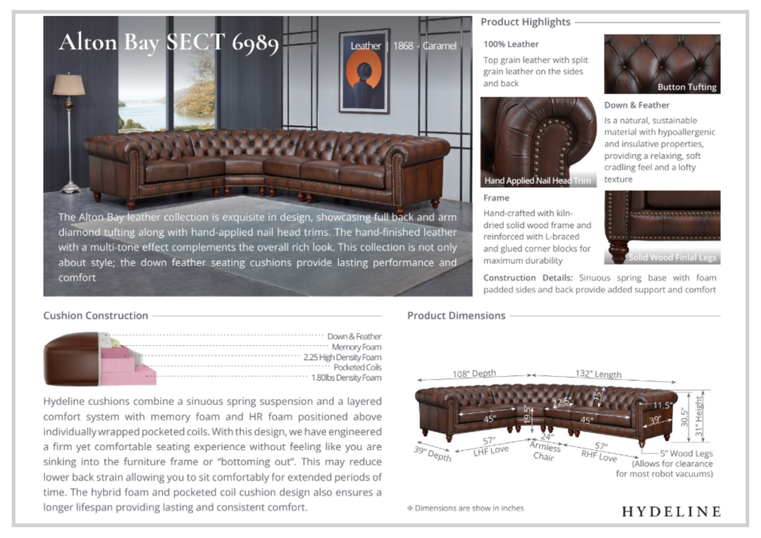 Hydeline Alton Bay Leather Chesterfield L-Shaped Sectional Sofa with Nailhead Trim