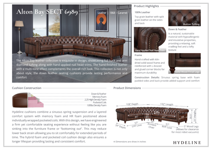 Hydeline Alton Bay Leather Chesterfield L-Shaped Sectional Sofa with Nailhead Trim