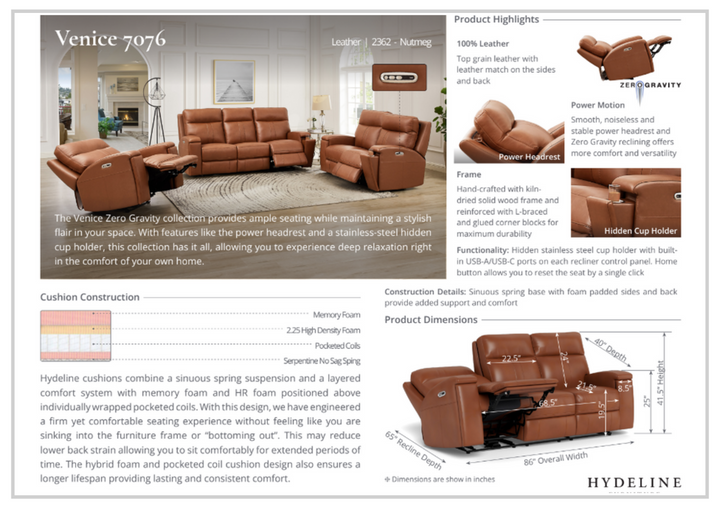 Hydeline Venice 2-Seater Brown Top Grain Leather Reclining Sofa
