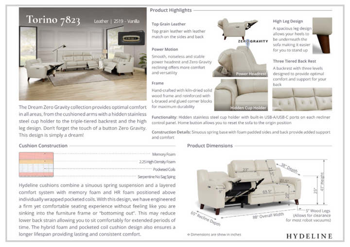 Hydeline Torino Top Grain Leather 3-Seater Reclining Sofa with Power Headrest