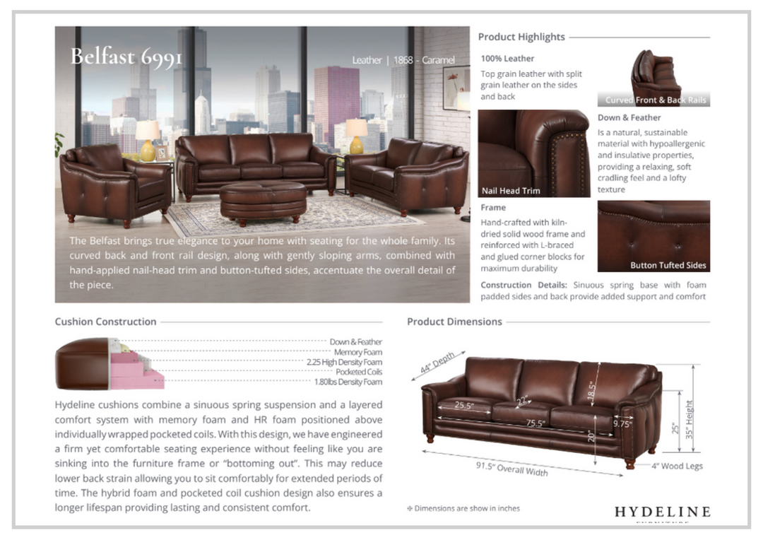 Hydeline Belfast Brown Premium Leather 3-Seater Sofa with Nailhead Trim