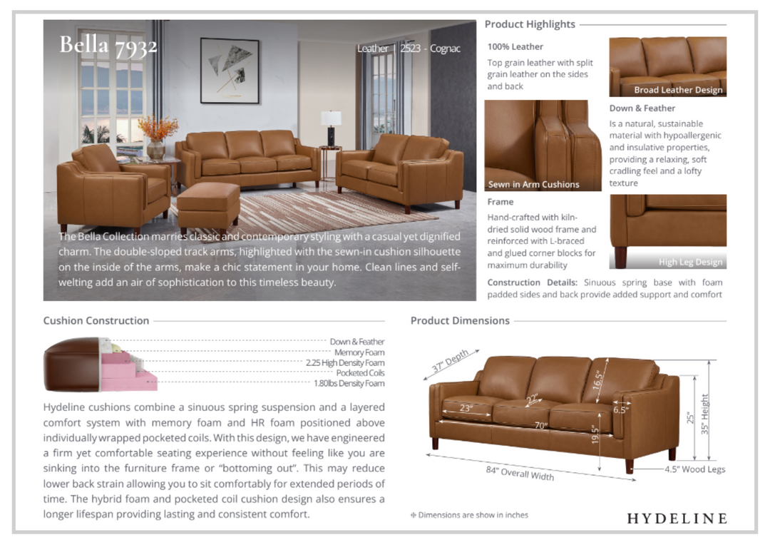 Hydeline Bella 3-Seater Stationary Leather Sofa with Track Arms