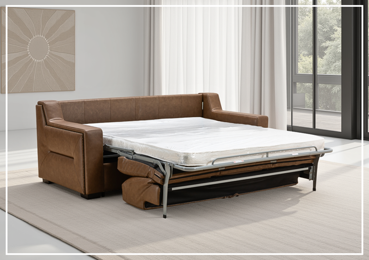 Kathy Ireland Alaves 3-Seater Brown Leather Sleeper Sofa (Queen Size)-SOFABED