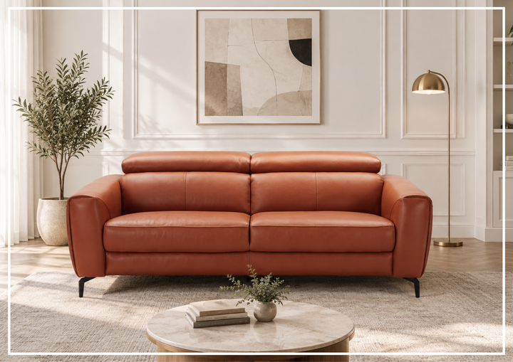 Cumin Stationary Leather Sofa With Adjustable Headrest-Sofabed