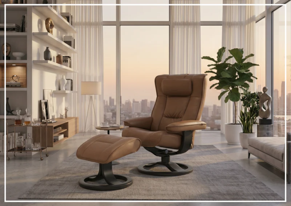 Fjords Regent R Leather Manual Swivel Recliner Chai with Footstool-Sofa Bed