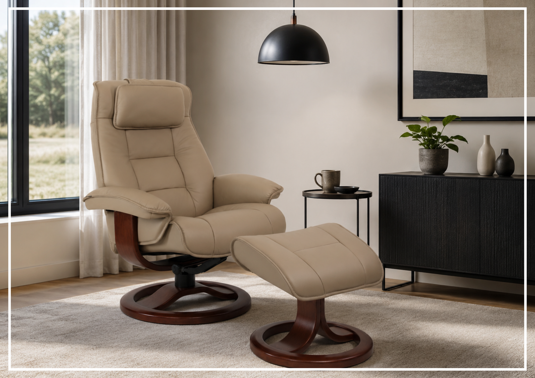 Fjords Mustang R Leather Swivel Recliner Chair with Foot Stool