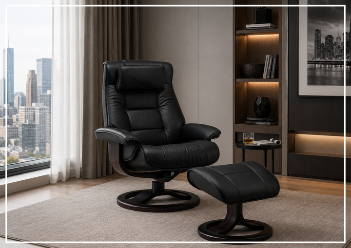 Fjords Mustang R Leather Swivel Recliner Chair with Foot Stool
