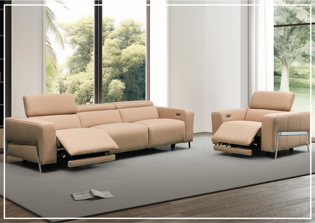 Beige leather reclining sofa sales