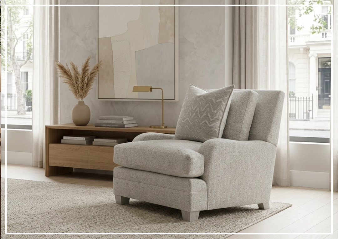 Bernhardt Rollins Fabric Chair With Shaped Track Arm and Throw Pillow