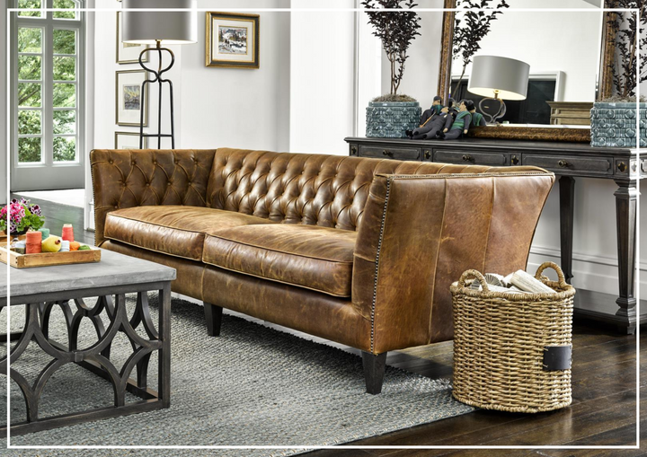 Universal Furniture Duncan 2-Seater Brown Leather Sofa with Tufted Back Arms