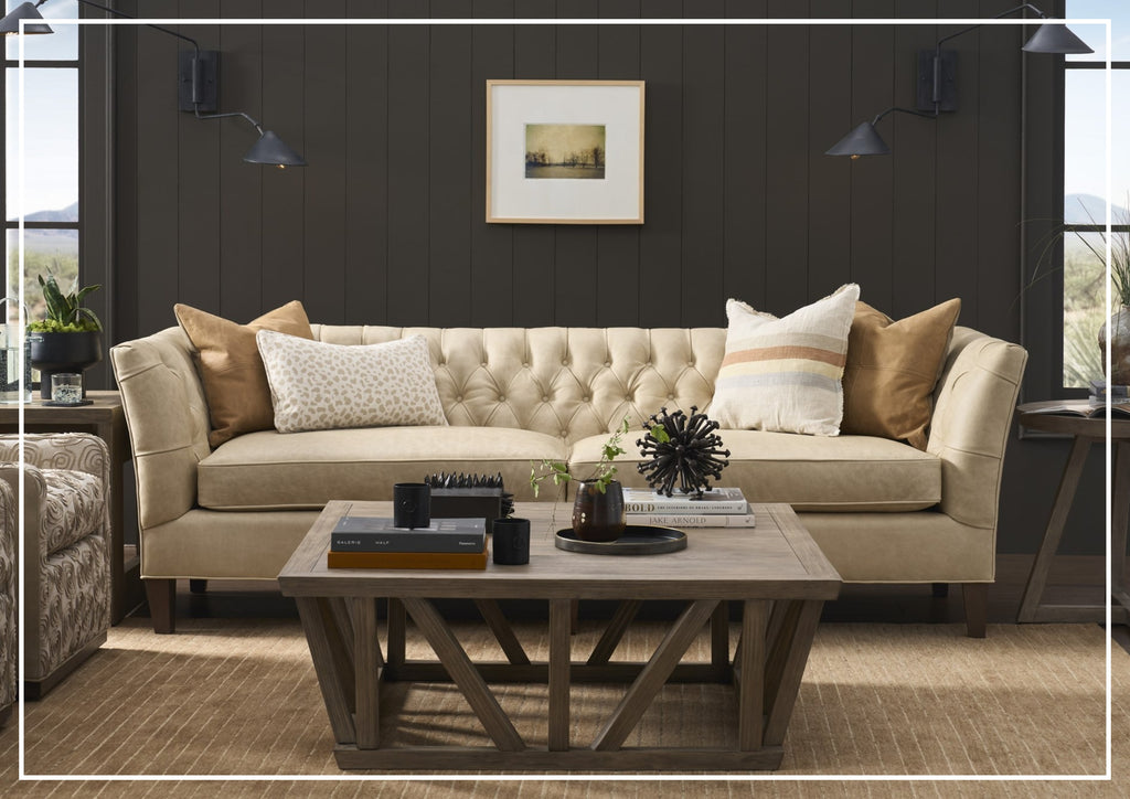 Universal Furniture Duncan 2-Seater Beige Leather Sofa with Tufted Back Arms