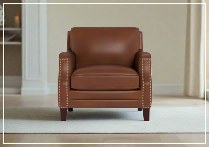 Hydeline Camano Brown Premium Leather Arm Chair with Nailhead Trim Finish