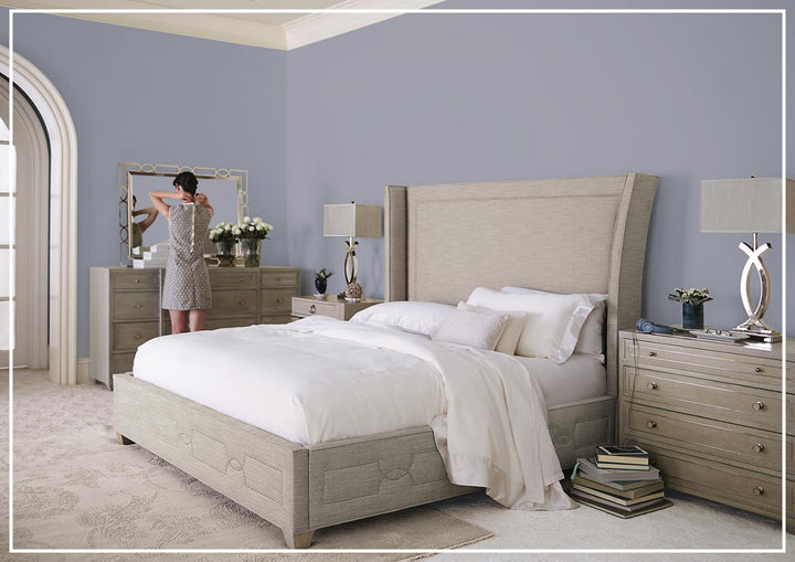 Bernhardt Criteria Shelter Olive Grey Upholstered King Size Bed