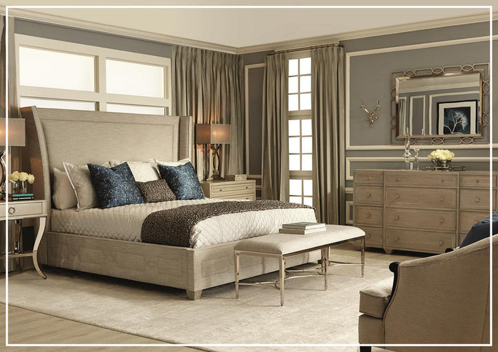 Bernhardt Criteria Shelter Olive Grey Upholstered King Size Bed