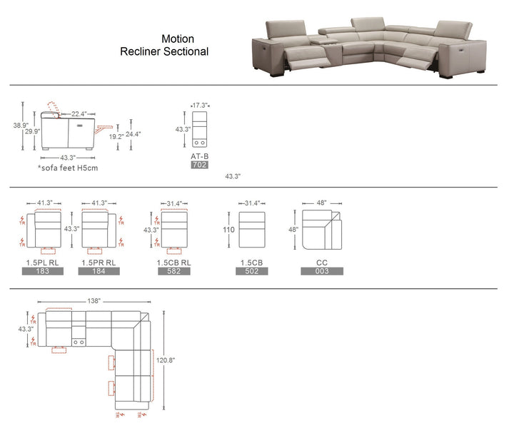 Gio Italia Aventura L-Shaped Leather Power Reclining Sectional Sofa